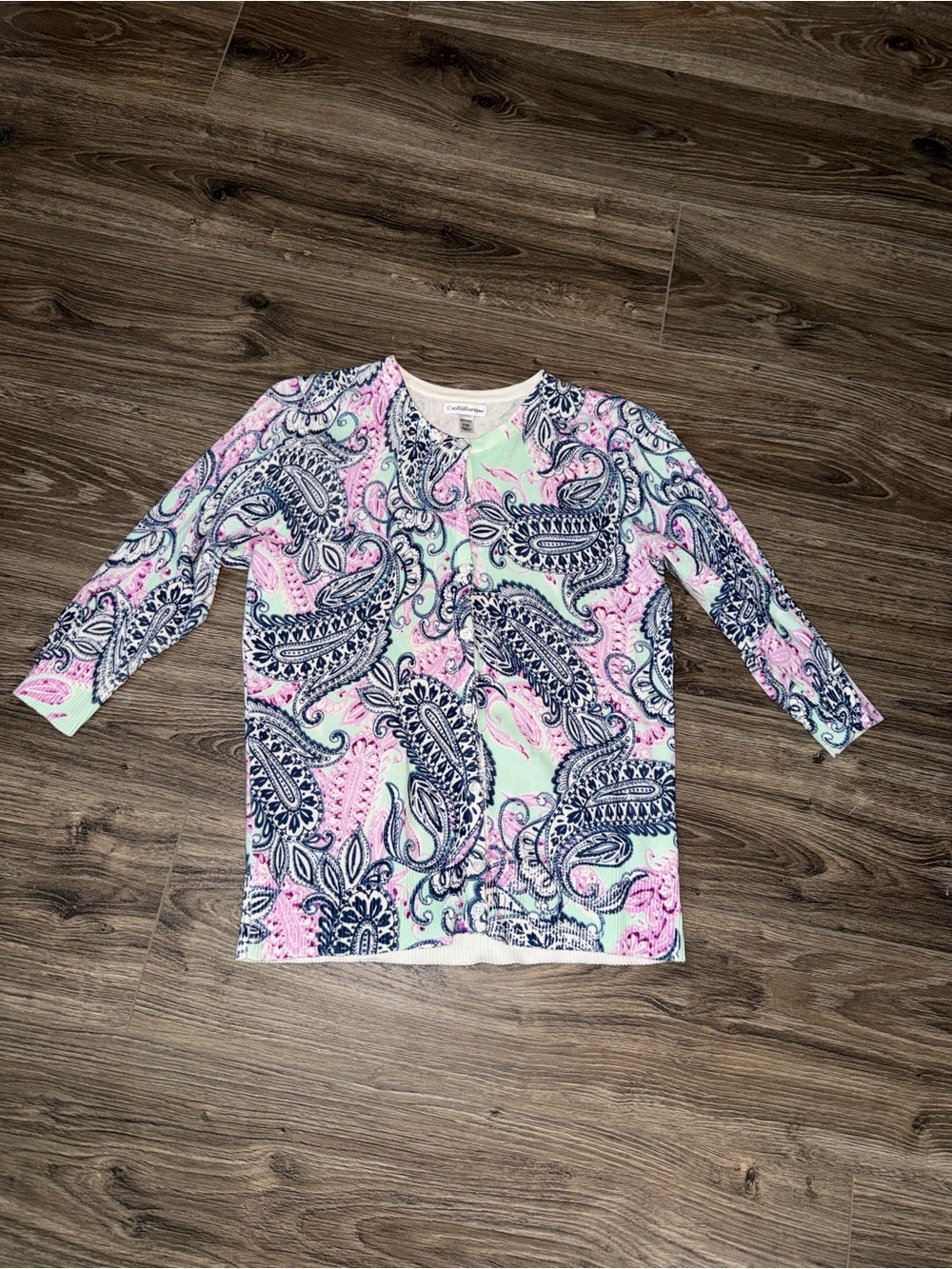 croft & barrow Paisley Print Button-Front Cardigan in Mint, Pink & Navy size PXS